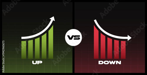 Up and down graphic trend isolated on dark background. Falling and rising graph with green and red indicator. Stock exchange concept. Trader profit and loss. Vector illustration.