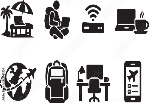 Remote work and travel icons for business and leisure concepts