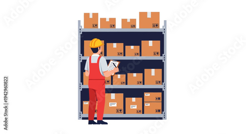 A warehouse worker in orange overalls standing beside a shelving unit filled with cardboard boxes.