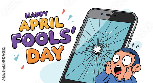 Scared boy looking at broken smartphone screen for april fools day