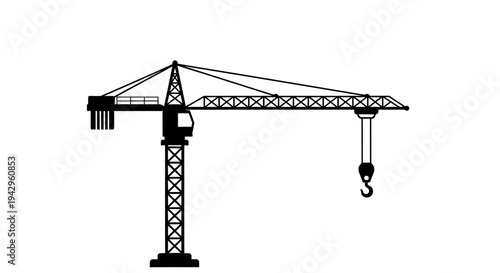 Silhouette of a Tower Crane on a White Background - Construction and Industry Symbol