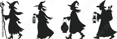 Four witch silhouettes walking with lanterns and magical staff, Halloween fantasy characters in black shadow illustration isolated on white background, spooky mystical theme art