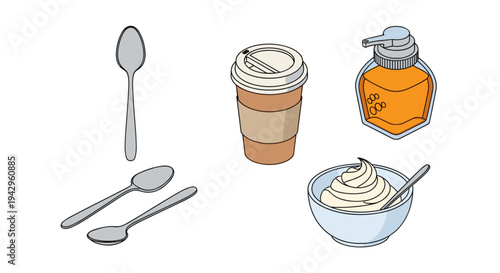 A collection of breakfast items including a coffee cup, honey jar, yogurt, and two spoons in a minimalist style