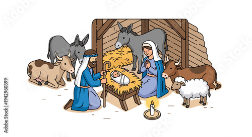 A nativity scene depicting Mary, Joseph, and baby Jesus surrounded by animals in a stable, illustrated in a colorful, modern style