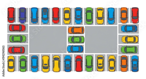 Aerial view of a colorful parking lot filled with cars.