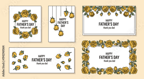 A collection of Father's Day greeting cards featuring yellow roses and elegant typography in a modern style