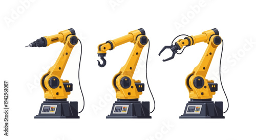 Three industrial robotic arms with different attachments on a white background