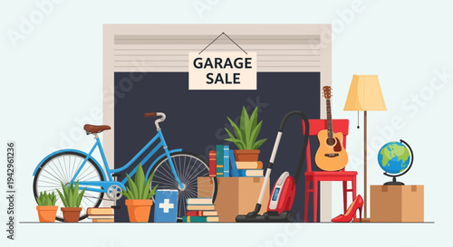 Colorful illustration of a garage sale with various items on display