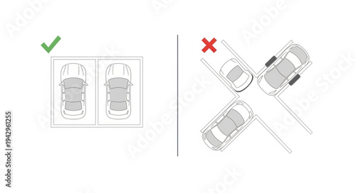 Correct and Incorrect Parking Illustration Showing Two Cars Parked Properly and Three Cars Parked Poorly.
