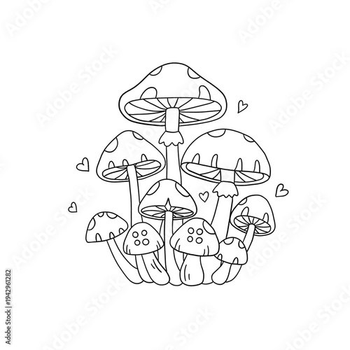 A vibrant autumn illustration of red amanita toadstool mushrooms and brown fungi growing in the forest grass among fallen leaves