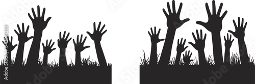 Zombie hands rising from ground silhouette set, spooky horror undead arms emerging from grass, Halloween scary illustration isolated for creepy night, horror design element