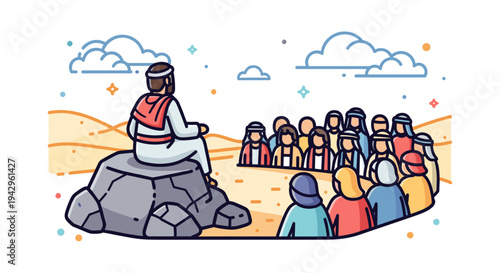 A figure seated on a rock addresses an audience in a minimalist, colorful illustration, ideal for storytelling themes