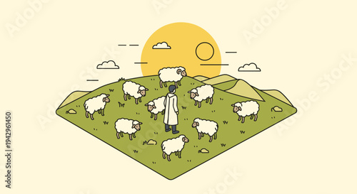 A farmer tending to sheep in a pastoral landscape, illustrated in a minimalist style with soft colors