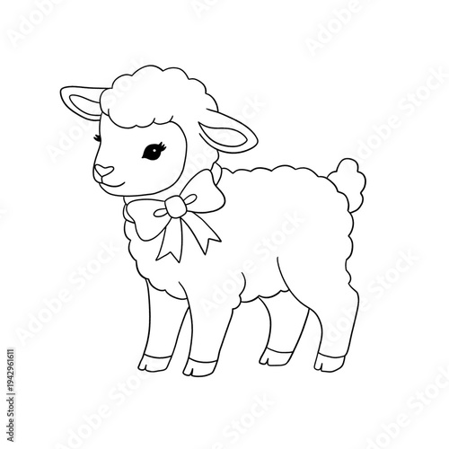 A cute cartoon sheep vector illustration featuring a happy white lamb character with fluffy wool isolated on a farm nature background