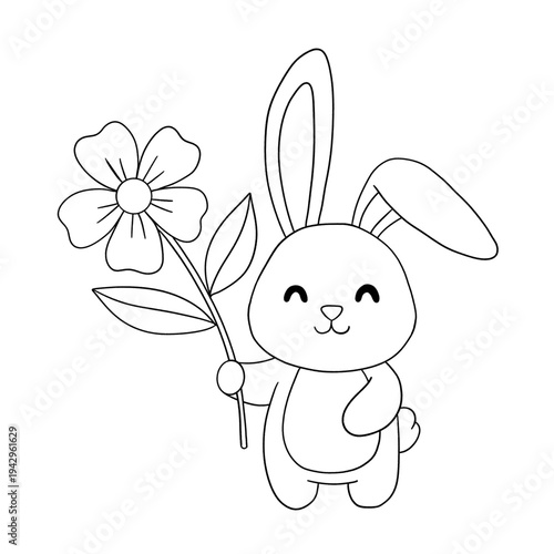 A cute pink cartoon bunny holds a decorated Easter egg with a happy smile in this fun spring holiday vector illustration