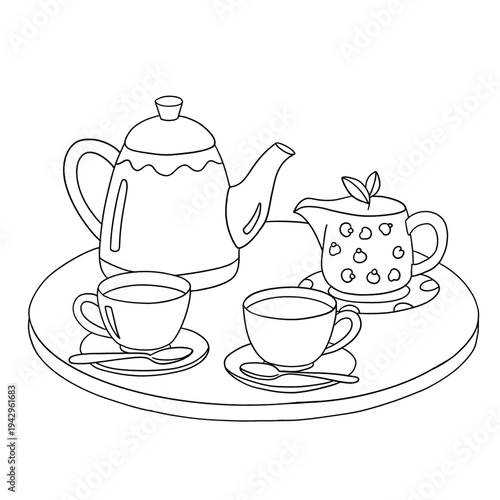 Vector illustration of a ceramic teapot and cups set with a porcelain kettle and saucer for a hot breakfast beverage in a cafe