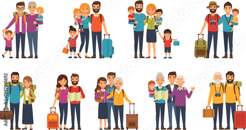 Happy families and couples traveling with luggage, children, and maps, ready for vacation