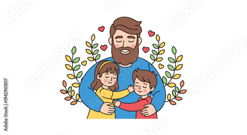 A loving father embraces his two children surrounded by hearts and leaves, in a colorful, modern illustration