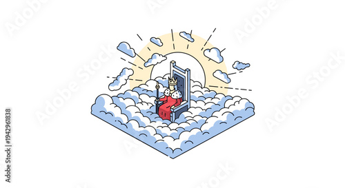 An imaginative scene featuring a figure sitting on a throne among fluffy clouds, illustrated in a modern, minimalist style