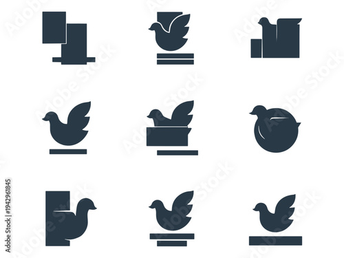 Nine set of abstract black bird silhouette on transparent background