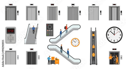 Flat lay illustration of various escalator and elevator icons with people and clocks on a white background