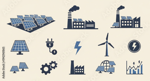 Collection of renewable energy and industrial icons.