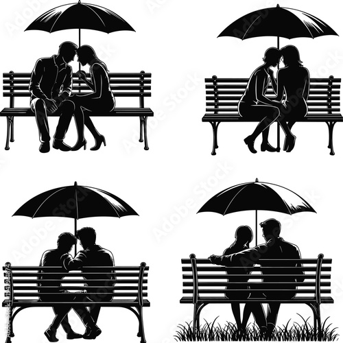 love, couple, romance, silhouette, umbrella, bench, rain, relationship, dating, affection, intimacy, togetherness, romance, shadow, vector