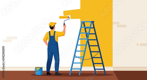 Man painting a wall yellow with a ladder and roller in a room