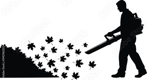 Gardener using leaf blower cleaning autumn leaves in garden silhouette illustration representing yard maintenance landscaping and seasonal outdoor work