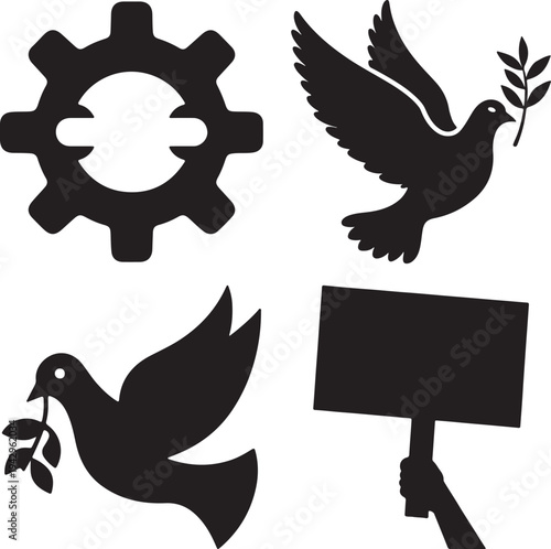 Black silhouette of gear dove protest sign and flying dove icon pack