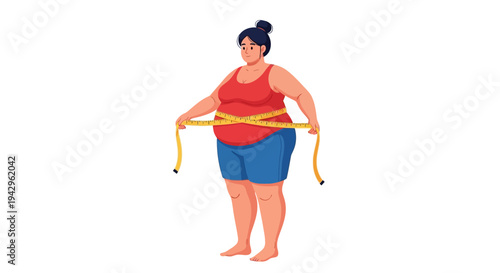Illustration of a woman measuring her waist with a tape measure on a white background.