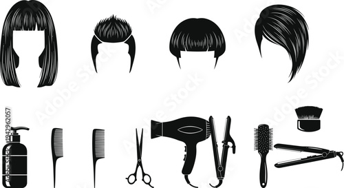 Hair salon tools and modern hairstyle silhouettes collection including comb, scissors, dryer and styling equipment for professional barber and beauty concept