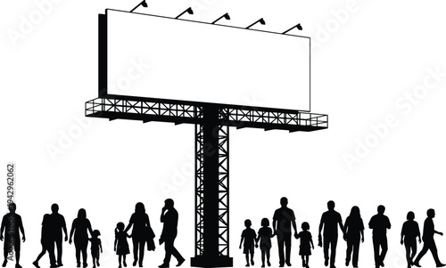 Large outdoor advertising billboard silhouette with people walking below representing marketing promotion, urban street advertising space and commercial branding concept