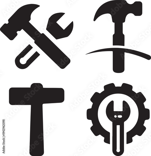 Black silhouette of hammer wrench pickaxe and gear tools icon set collection