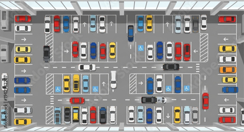 Aerial View of a Crowded Outdoor Parking Lot with Many Cars.