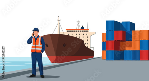 Illustration of a dockworker on the phone beside a cargo ship and stacked shipping containers on a pier.