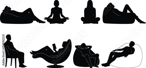 People relaxing sitting and lying poses silhouettes collection with meditation reading and resting human figures vector illustration isolated