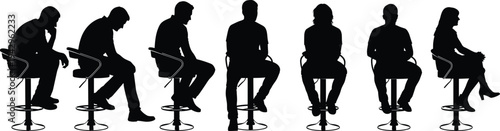 People sitting on bar stools silhouettes collection with men and woman different seated poses vector illustration isolated on white background