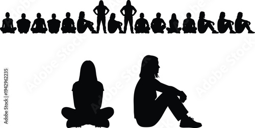 People sitting silhouettes collection with men and women different seated poses human figures vector illustration isolated on white background