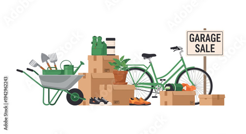Colorful illustration of a garage sale with a bicycle, wheelbarrow, and cardboard boxes on a white background.