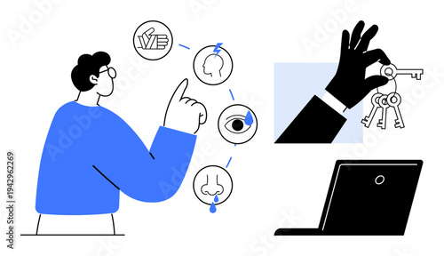 Identity verification, biometric security, data privacy, access control, technology use, information security. Person pointing at biometric icons, hand holding keys laptop. Identity verification