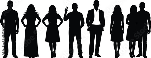 People standing silhouettes collection with men women and couple black human figures vector illustration isolated on white background