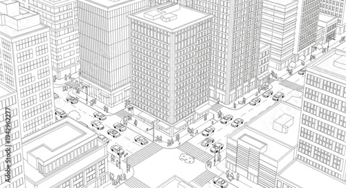 Aerial view sketch of a dense urban cityscape with tall buildings.