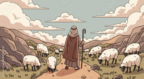 A shepherd guiding a flock of sheep through a mountainous landscape, illustrated in a modern, flat style