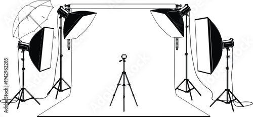 Photography studio setup with camera on tripod, softbox lights, umbrella and backdrop representing professional photo shooting equipment concept