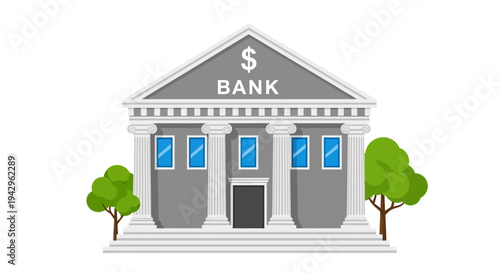 Flat illustration of a gray bank building with white columns and green trees on either side against a white background.