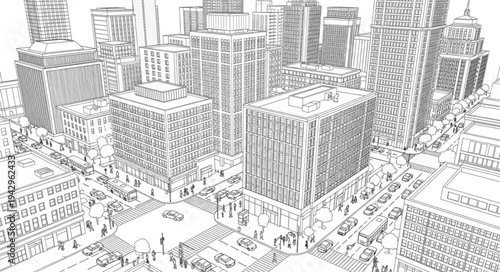 Aerial view of a bustling city skyline with detailed buildings and streets.