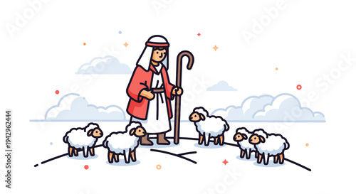 A shepherd tending to his flock of sheep in a minimalist, colorful style, perfect for nature-themed projects