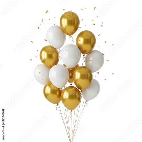 A cluster of golden balloons tied together with a ribbon