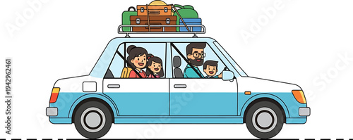 Happy Family Enjoying a Road Trip in Their Car with Luggage on the Roof